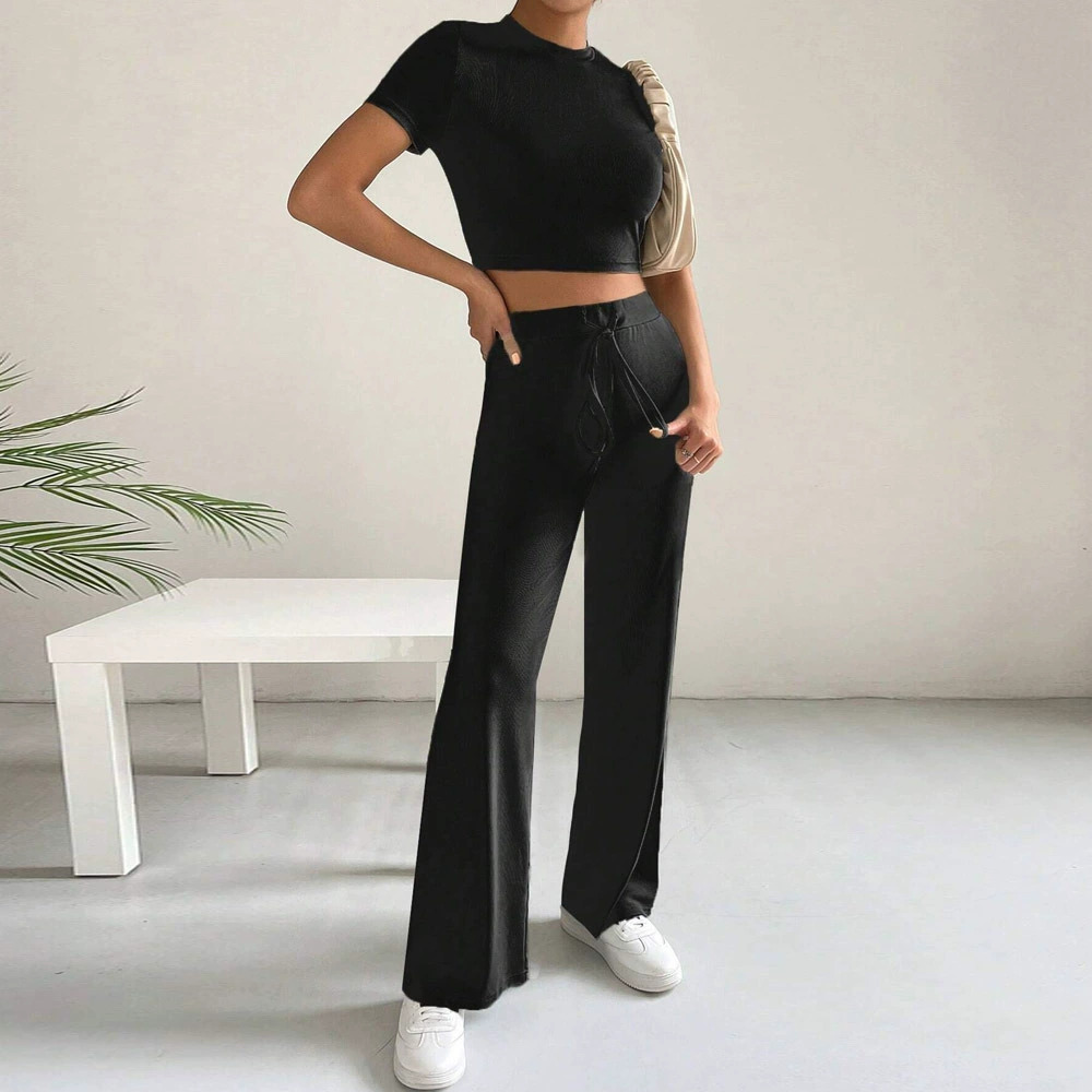 ZARA Fitted Knit Crop Top and High Waist Wide Leg Pants Set